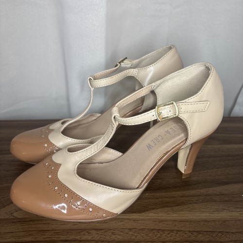 Chelsea Crew Women’s Cream/Tan Vintage Inspired T-Strap Heels/Pumps. 37 (6.5-7) - Picture 3 of 9
