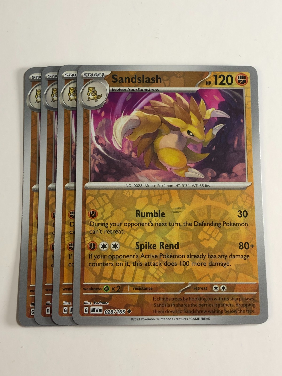 Pokemon TCG 151 4x Playset Reverse Holographic Sandslash 028/165 Near Mint