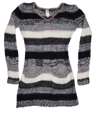 NoBo S 3/4 Black Gray Knit Striped V-Neck Sweater Dress Long Sleeves Pockets