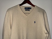Polo Ralph Lauren Men M Beige Lambs Wool V-Neck Sweater Blue Pony Logo
