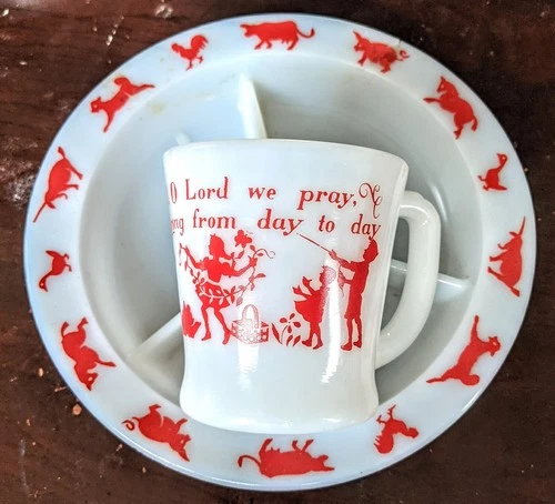Pr. Fire King Anchor Hocking Milk Glass Childs Divided Plate Cup Red Animals