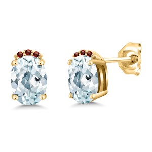 Authentic 1.56 Ct  Sky Blue Aquamarine Red Garnet 18K Yellow Gold Plated Silver Earrings