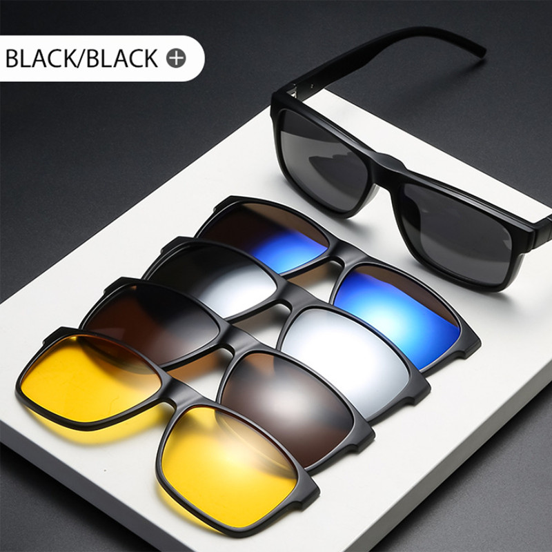 Occhiali da sole polarizzati 5 in 1 clip magnetica per uomo montatura occhiali quadrati TR90 foto 6