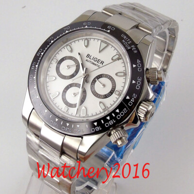 39mm Automatic Men's Watch White Dial Ceramic Bezel Mineral Glass Day/Date Lume