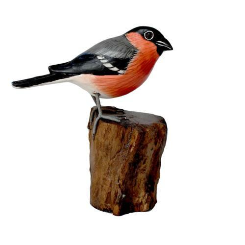 Bullfinch On Tree Trunk, Hand Carved Wooden Indoor/garden Ornament 12cm