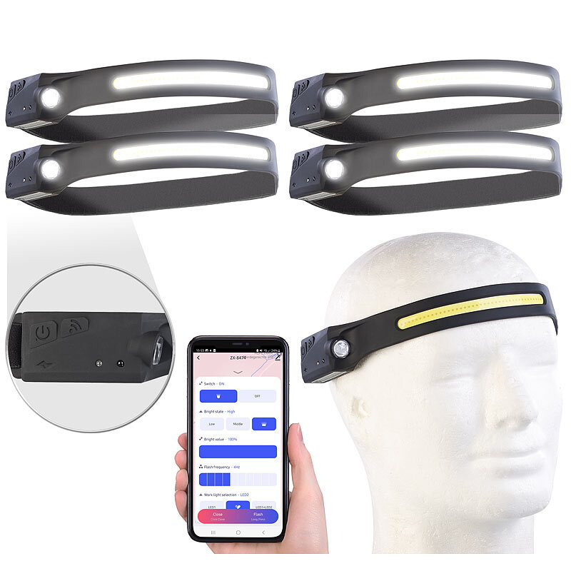 KryoLights 4er-Set smarte Akku-Stirnlampen mit 2 Lichtquellen, App, SOS-Melder