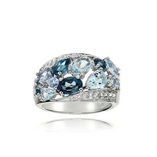 Sterling Silver London Blue, Swis Blue and White Topaz Cluster Tonal Ring