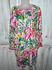 STELLA PARKER PINK GREEN FLORAL TROPICAL BIRD 1/2 ZIP SHIFT 3/4 SLEEVE DRESS L