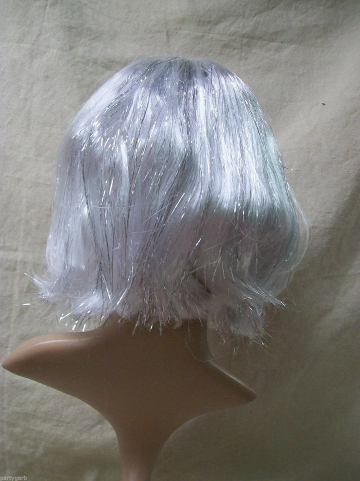 White & Silver Tinsel Bob Costume Wig Majestic Unicorn Celestial Christmas Angel - Image 4 of 4