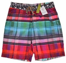 NEW Robert Graham Men's WADI RUM Skull Print Plaid Swim Trunks Bathing Suit 30