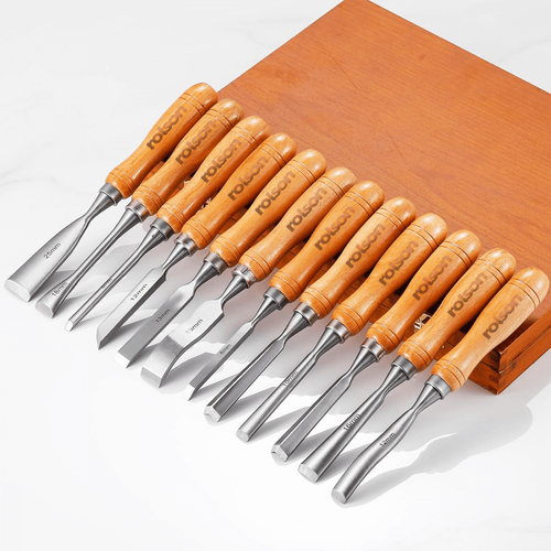 12 Piece Wood Chisel Carving Tool Set in Wooden Box CR-V Steel ...