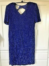 Mark & John B2&US Vtg 80’s NWT Sz L Silk Evening Party Dress Sheath Blue Sequin 