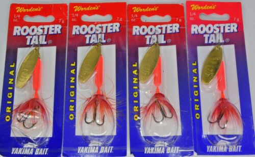 Four (4) Worden&#039;s Original Rooster Tail 1/4oz Fluorescent Red Trout Spinners