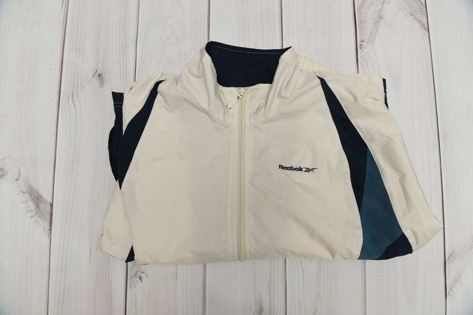 jacket large unisex REEBOK Off White & Navy lined full zipper 2 pockets coat-image