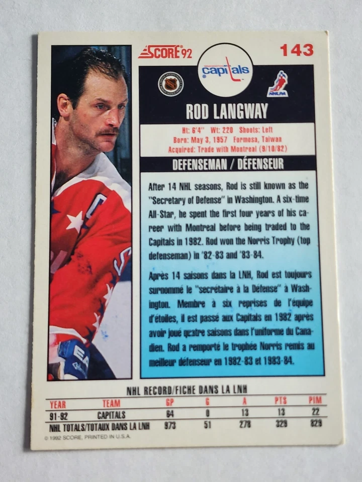 1992-93 Score Canadian ROD LANGWAY Signed Card #143 HOF - Image 2 of 2
