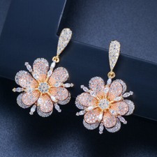 Multi-Tone Gold Plated Flower Long Dangle Earrings Cubic Zirconia Bridal Jewelry
