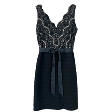 Vtg Stenay Scalloped Lace Crochet Tiered Bow Cocktail Dress Black Beige Size 10