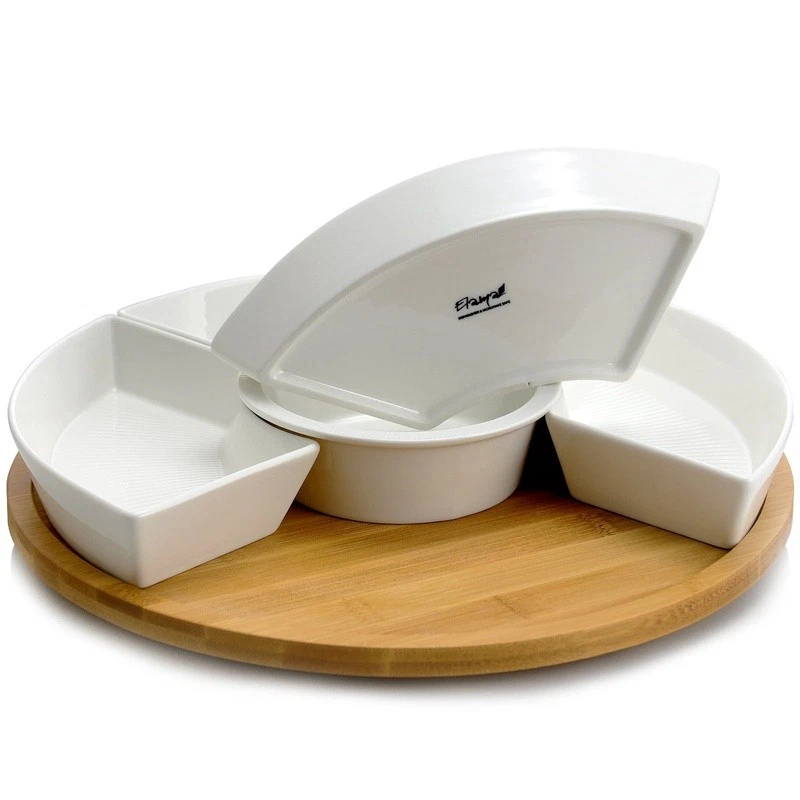 Elegant 6-Piece Lazy Susan Serving Set Stoneware Dishes W/ Bamboo Tray 12.25" - Image 4 of 4