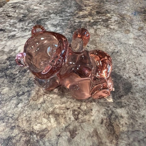 FENTON Art Glass Dusty Rose Lounging Waving Bear 5233 Figurine Paperweight VG!