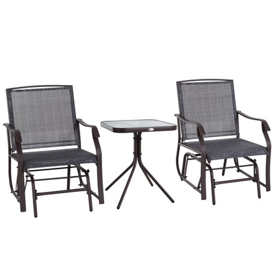 Gleiter Stuhl Set 3tlg Grau Stahlgestell Hartglas Tisch SlingSeats Terrasse 92cm