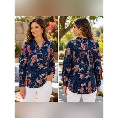 Talbots Twinkle Paisley Blouse India Ink Navy Floral Popover Cotton Top Size 1X