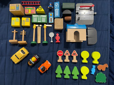 Wooden Railway Accessories Lot Tunnel Crossing Signs Trees Buildings Figure 39pc