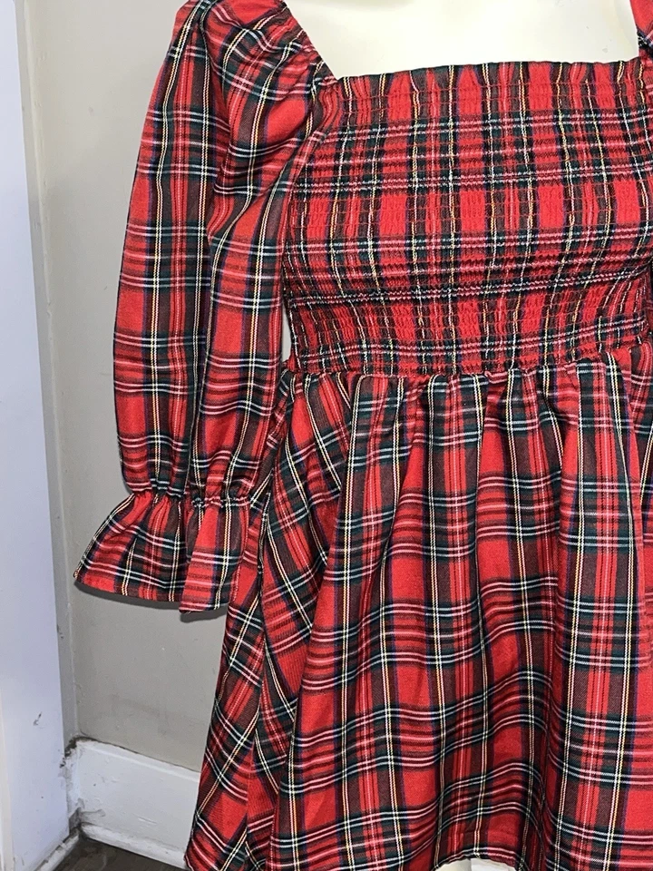 Francesca’s Holiday Red Plaid Smocked Top Mini Dress - Women’s US Medium New NWT - Image 3 of 4