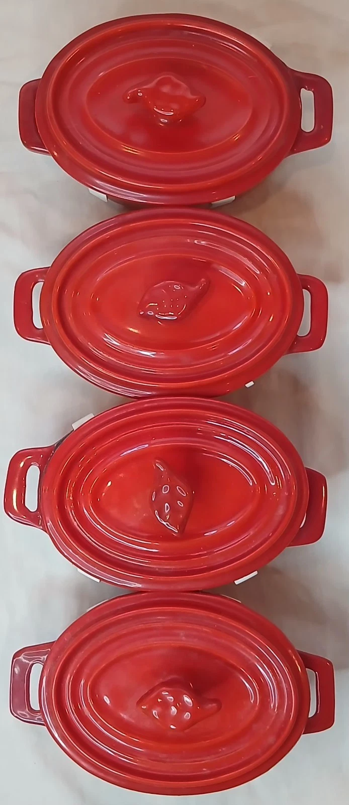 Set of 4 Martha Stewart Red Enamel Cast Iron Mini Oval Cocotte Dutch Oven & Lids