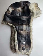 Woolrich Men's Hat X Large Black Brown Plaid Trapper Shephard Check  Wool Blend