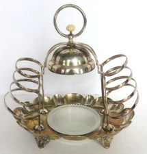 ANTIQUE JAMES DEAKIN & SONS SILVERPLATE TOAST RACK W/ JELLY DISH & BELL