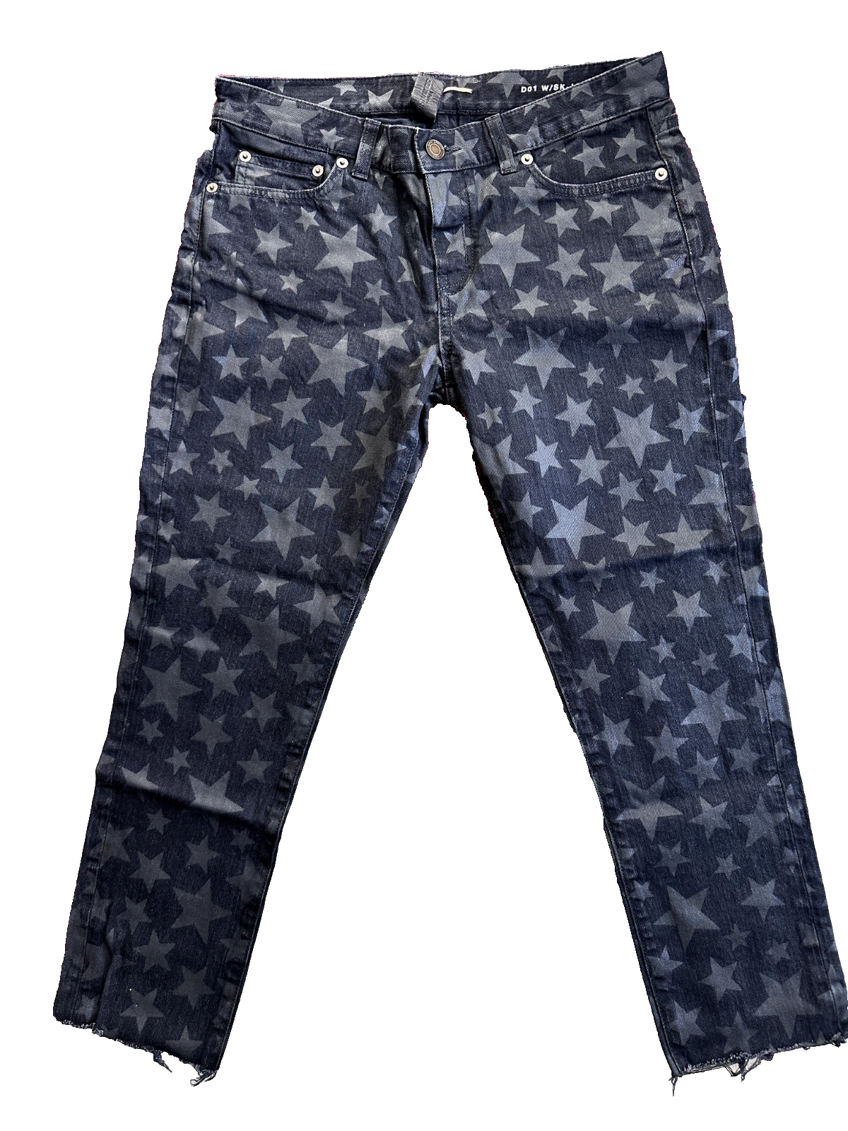 Jeans YSL Saint Laurent stampa stelle donna taglia 28 x 27 denim blu sfilacciato grezzo