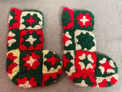 2 Vintage Crochet Christmas Stockings Handmade Granny Square Green Red White