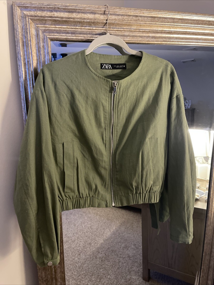 Zara Hunter Green Linen Crop Bomber Jacket M Sold Out | eBay