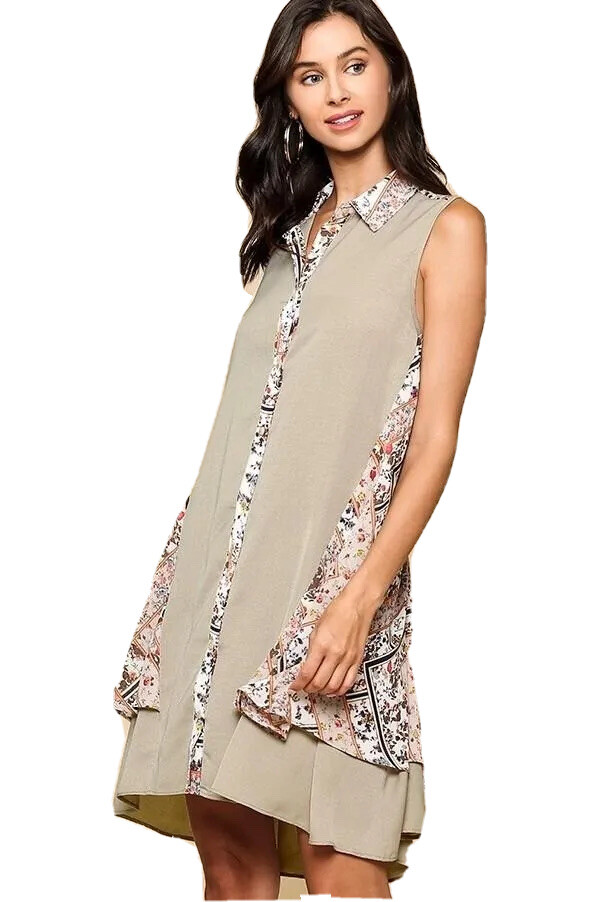 Scarf Print Button Down Swing Collar High Low Hem Dress  -image