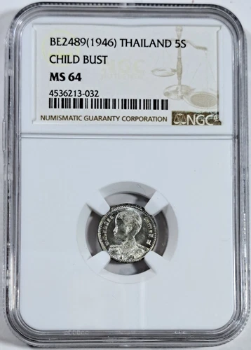 BE2489 (1946) Thailand Child Bust, Tin coin 5Satang (1/20 Baht), NGC MS64 Rare