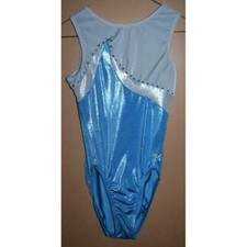 GK Elite Gymnastics Leotard Blue Velour Rhinestones Foil Womens XS