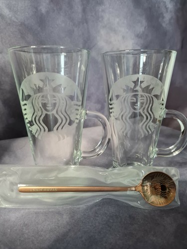 Gläser Latte 2 Becher mit geätzten Starbucks und Starbucks Rosegold Löffel