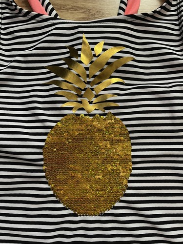 SO Girls Flip Sequin Gold/Pink Pineapple Tankini Swimsuit Top Striped Size 16 - Picture 4 of 8