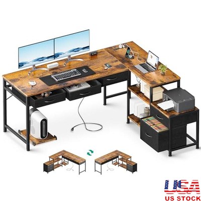 L-Shaped Gaming Desk 5 Drawers Storage Shelves 61'' Reversible Home Office Desk