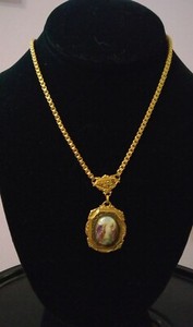 Authentic Antique Gold-Plated Box Chain Necklace: Porcelain Painting