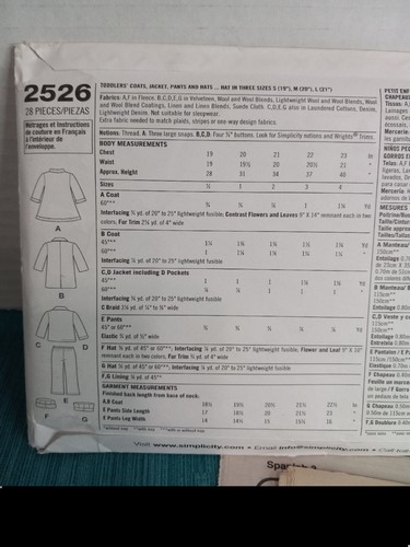 2526 Simplicity Sewing Pattern. Children's jacket, pants, hat. Sz 1/2, 1, 2, 3,4 - Picture 3 of 3