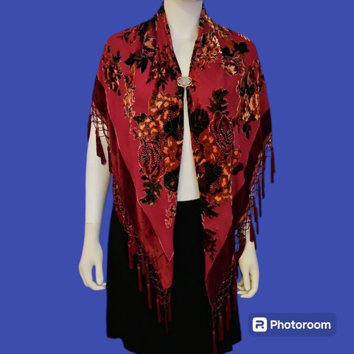 Antique 1920s Floral Velvet Burnout Silk Beaded Fringe Piano Flapper Shawl - Picture 3 of 11
