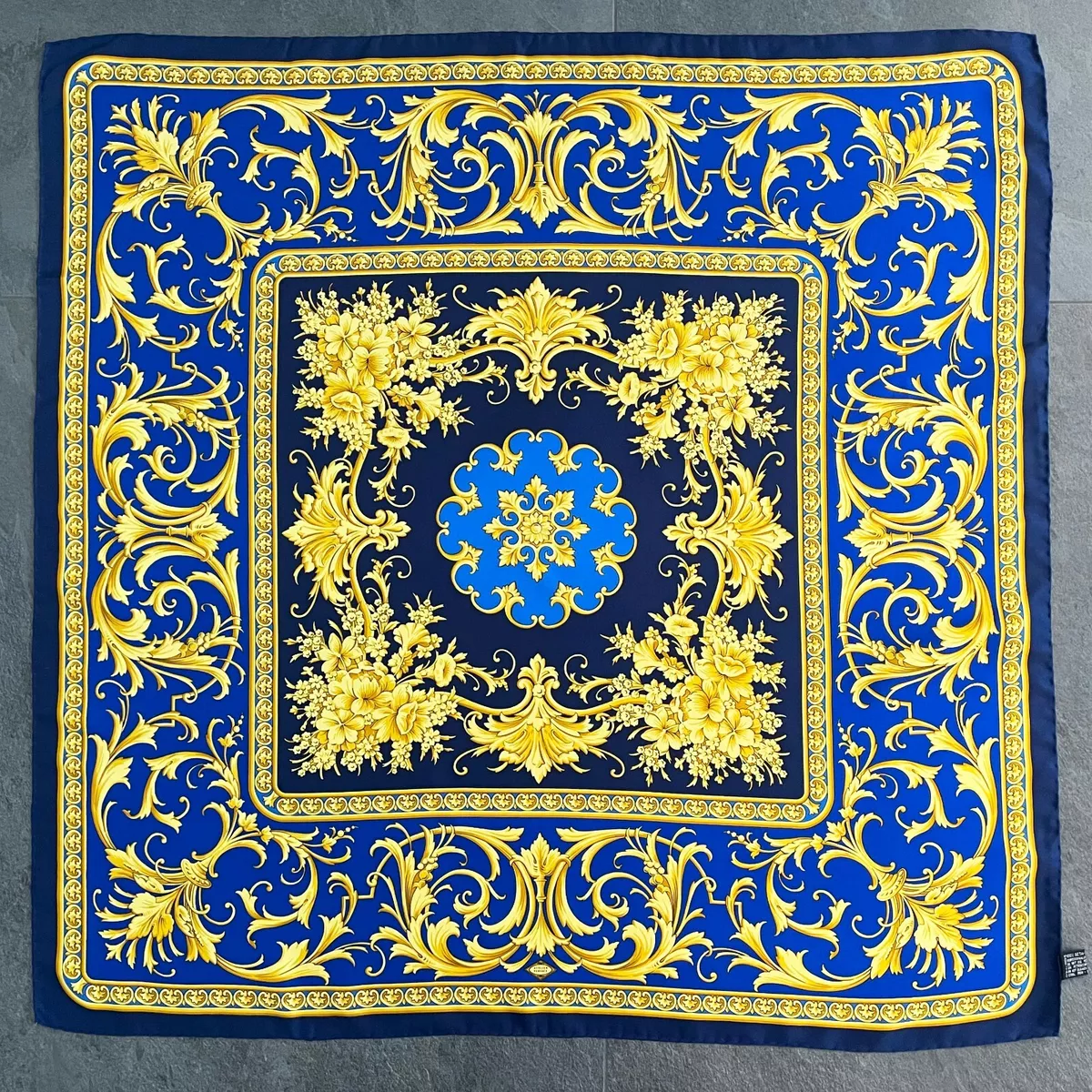 GIANNI VERSACE silk scarf Baroque print size 34" from 1992 royal blue  & gold