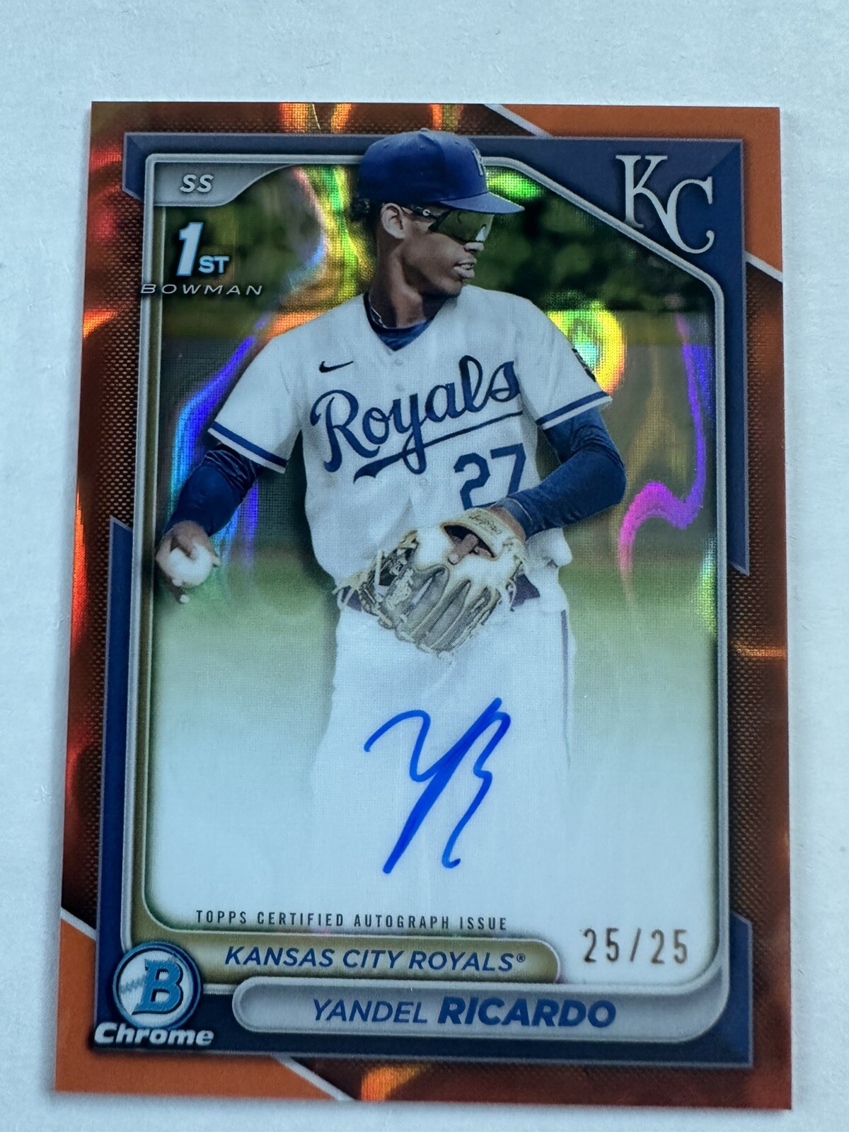 /25 YANDEL RICARDO 2024 BOWMAN CHROME PROSPECT 1ST AUTO ORANGE LAVA ROYALS🔥