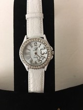 Burgi WATCH Swarovski Crystal White Mother Of Pearl Leather Band Quartz 9 In NEW