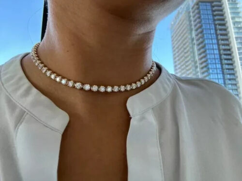 20CT Round Cut Diam Lab Created 14K Yell Gold Plated Choker Tennis Necklace 16" - Picture 3 of 4