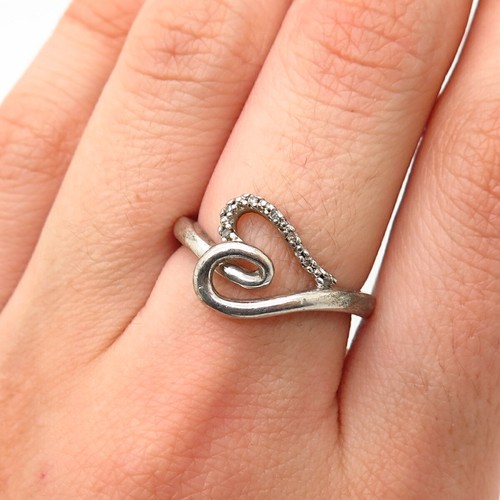 925 Sterling Silver Real Diamond Open Heart Design Ring Size 6 3/4