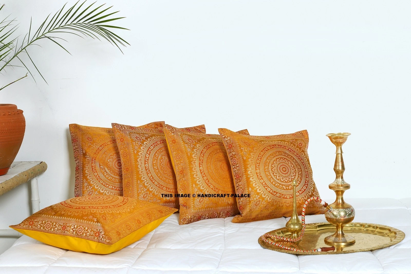Mandala 16" Yellow Cushion Pillow Cover Silk Brocade Sofa Throw Home X-Mas Decor