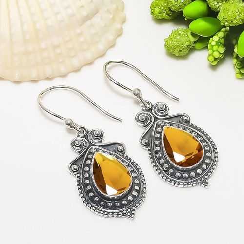 Golden Quartz Gemstone 925 Sterling Silver Jewelry Earring, Designer Earring - Picture 2 of 4