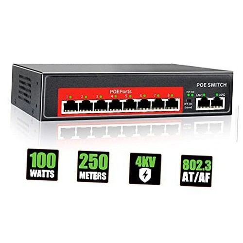 AI PoE Switch (8 POE Ports +2 Uplink), 802.3af/at PoE+ 100Mbps, 100W Built-in